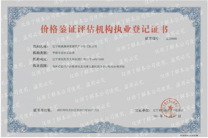 价格鉴证评估机构执业等级证书