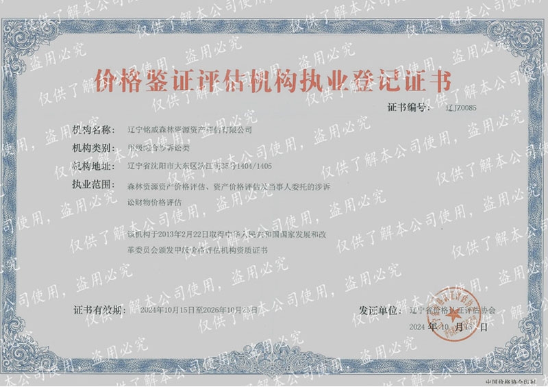 价格鉴证评估机构执业等级证书